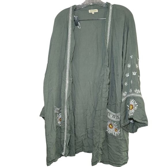 World Market Kimono Free Size Green Embroidered Floral Boho Cardigan - Picture 1 of 8